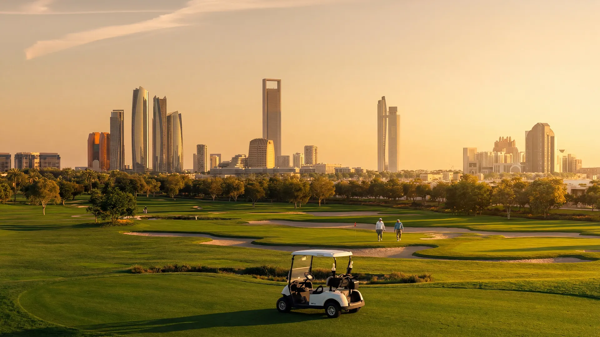 Hudayriyat Golf Estates fairway with Abu Dhabi skyline