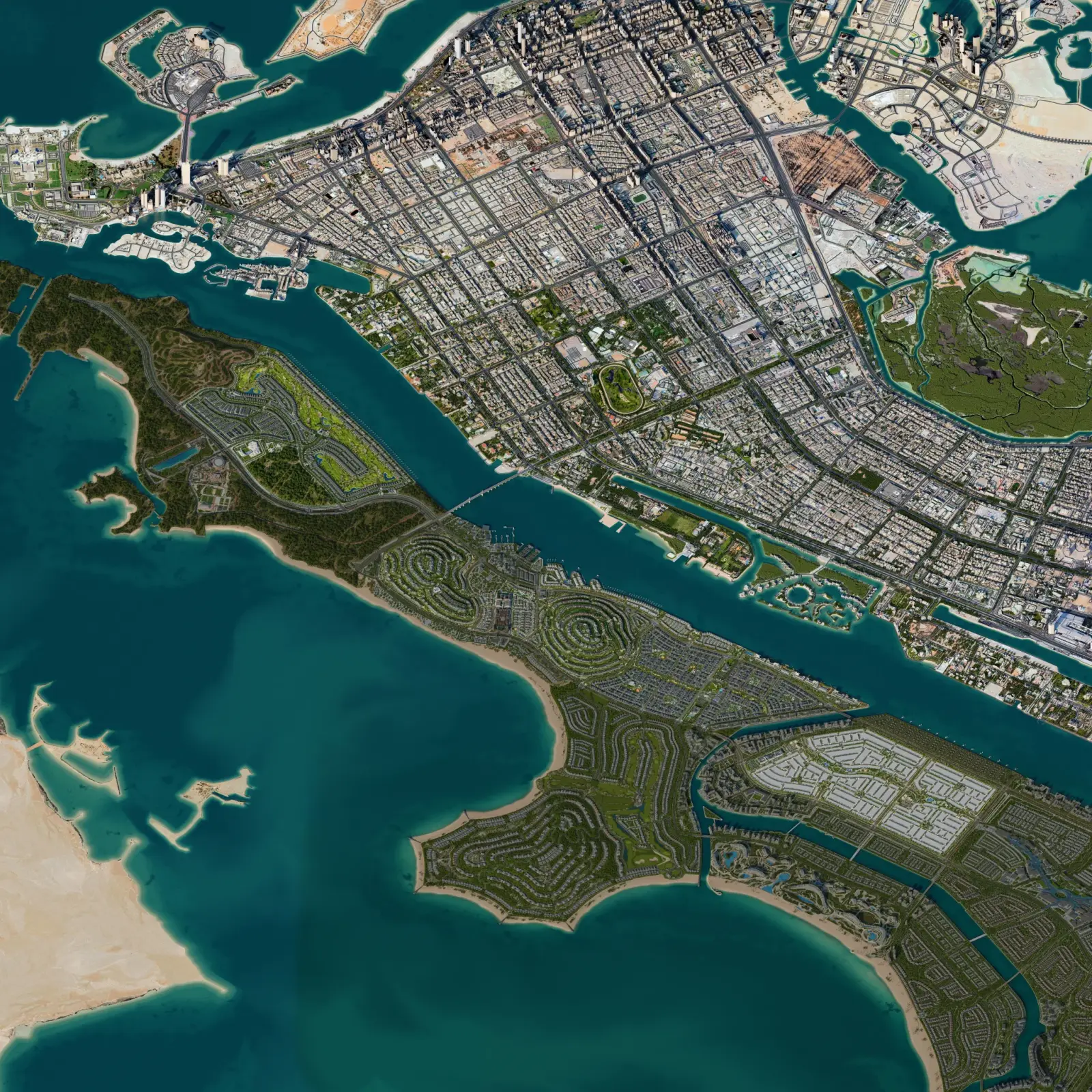 3D aerial of Hudayriyat Island connected to Abu Dhabi across the Hudayriyat Bridge